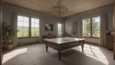 day,indoors,tree,book,no humans,window,shadow,chair,table,sunlight,plant,curtains,scenery,desk,potted plant,lamp,shade,shelf,flower pot,wooden floor,candle,picture frame,painting (object),candlestand,cabinet,chandelier,portrait (object)