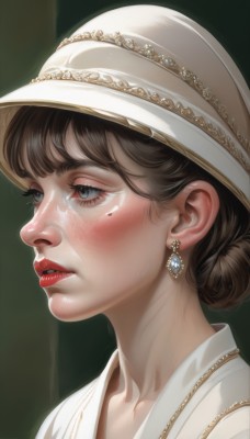 1girl,solo,blush,short hair,bangs,blue eyes,brown hair,hat,jewelry,collarbone,earrings,parted lips,necklace,hair bun,mole,lips,grey eyes,eyelashes,mole under eye,makeup,white headwear,looking away,single hair bun,lipstick,portrait,freckles,realistic,nose,red lips,mole on cheek,teeth,black eyes,from side,profile,black background,gem