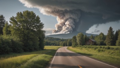 outdoors,sky,day,cloud,tree,blue sky,no humans,cloudy sky,grass,building,nature,scenery,forest,smoke,mountain,road,bush,house,street,landscape,path,field