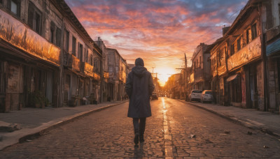 1girl, solo, short hair, standing, outdoors, sky, cloud, hood, from behind, coat, dutch angle, hood down, cloudy sky, ground vehicle, building, scenery, motor vehicle, walking, sunset, city, hands in pockets, car, road, power lines, street, twilight, utility pole, evening, pavement, vanishing point