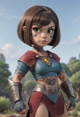 1girl,solo,breasts,looking at viewer,short hair,bangs,skirt,brown hair,gloves,navel,brown eyes,closed mouth,cowboy shot,small breasts,outdoors,sky,day,midriff,cloud,fingerless gloves,armor,blurry,tree,blue sky,lips,crop top,tattoo,blurry background,red skirt,facial mark,bob cut,thick eyebrows,shoulder armor,gauntlets,clenched hands,nose,facial tattoo,standing,collarbone,short sleeves,breastplate,arms at sides,blue gloves,facepaint,stomach tattoo