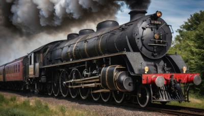 weapon,outdoors,sky,day,cloud,tree,gun,military,no humans,grass,ground vehicle,nature,motor vehicle,forest,smoke,cannon,military vehicle,tank,vehicle focus,machine gun,caterpillar tracks,world war ii,blue sky,train,railroad tracks