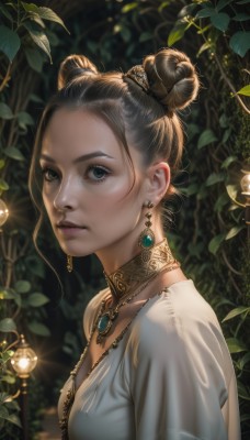 1girl,solo,breasts,looking at viewer,short hair,blue eyes,brown hair,black hair,hair ornament,dress,jewelry,medium breasts,closed mouth,green eyes,upper body,earrings,outdoors,choker,artist name,signature,necklace,hair bun,blurry,from side,lips,eyelashes,double bun,heterochromia,leaf,single hair bun,plant,gem,nature,realistic,nose,bangs,shirt,short sleeves,white dress,makeup,expressionless,sunlight,forehead,glint,gold