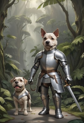 1boy,holding,standing,full body,weapon,male focus,boots,outdoors,day,tongue,belt,sword,tongue out,holding weapon,armor,collar,tree,no humans,animal,leaf,holding sword,sunlight,plant,shoulder armor,gauntlets,nature,1other,forest,pauldrons,dog,light rays,breastplate,leash,fantasy,armored boots,greaves,animal focus,knight,full armor,chainmail,plate armor,looking at viewer,blue eyes,jewelry,earrings