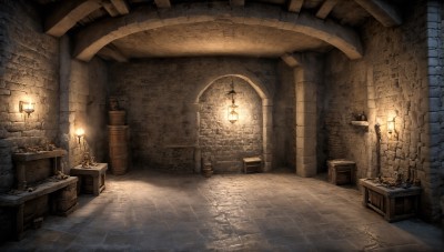 HQ,indoors,no humans,window,table,sunlight,box,scenery,lantern,stairs,fantasy,door,light,lamp,candle,wall,barrel,candlestand,treasure chest,stone floor,crate,chair,wooden floor,brick wall,arch,rug,cabinet,chandelier,stone wall,fireplace,brick floor