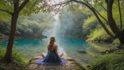 1girl, solo, long hair, brown hair, dress, bare shoulders, sitting, outdoors, day, water, from behind, tree, sunlight, nature, scenery, forest, river