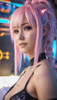 1girl,solo,long hair,breasts,looking at viewer,bangs,blue eyes,hair ornament,cleavage,bare shoulders,jewelry,medium breasts,underwear,upper body,ponytail,pink hair,braid,earrings,parted lips,choker,hairclip,necklace,bra,mole,blurry,lips,grey eyes,mole under eye,makeup,blurry background,black choker,cross,black bra,eyeshadow,realistic,nose,green eyes,sidelocks,small breasts,artist name,from side,eyelashes,depth of field,facial mark,piercing