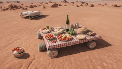 outdoors,food,no humans,fruit,shadow,bottle,ground vehicle,scenery,plate,sand,basket,bread,meat,wine bottle,food focus,tomato,vegetable,desert,lettuce,cup,table,alcohol,drinking glass,bowl,rock,wine,sake bottle,log,potato,wood,onion