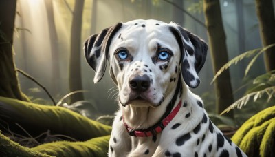 HQ,solo,blue eyes,outdoors,day,collar,tree,no humans,animal,sunlight,grass,plant,nature,forest,dog,realistic,animal focus,animal collar,looking at viewer,signature,blurry,depth of field,blurry background,leaf,red collar