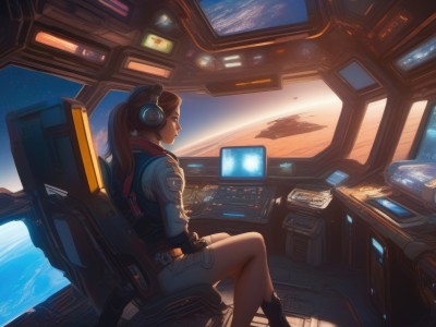 1girl,solo,long hair,blue eyes,brown hair,gloves,sitting,jacket,ponytail,boots,sky,shorts,indoors,from behind,from side,window,profile,headphones,chair,star (sky),scenery,headset,science fiction,aircraft,space,computer,monitor,planet,laptop,earth (planet),keyboard (computer),spacecraft,tablet pc,cockpit,holographic interface,pilot,joystick,long sleeves,brown eyes,looking back,vest,lips,sunlight,backpack,backlighting,sunset,realistic,nose,sunrise,screen,hologram,jetpack