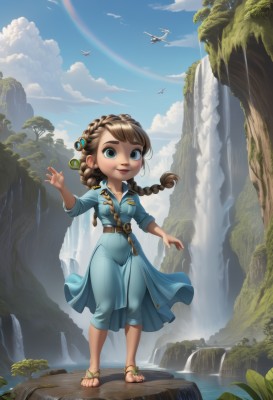 1girl,solo,long hair,breasts,smile,blue eyes,brown hair,hair ornament,dress,cleavage,jewelry,standing,full body,braid,outdoors,sky,day,belt,pants,cloud,water,twin braids,blue sky,toes,blue dress,bird,sandals,blue shirt,child,nature,mountain,waving,aircraft,fantasy,anklet,rainbow,river,waterfall,cliff,floating island,looking at viewer,open mouth,teeth,artist name,feet,tree,leaf,grass,crown braid