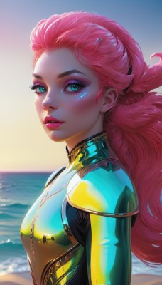 1girl,solo,long hair,breasts,looking at viewer,blush,green eyes,upper body,pink hair,small breasts,outdoors,parted lips,sky,day,shiny,artist name,water,from side,lips,eyelashes,bodysuit,makeup,ocean,beach,lipstick,eyeshadow,sunset,nose,sand,red lips,eyeliner,green bodysuit,blue eyes,medium breasts,hairband,blurry,aqua eyes,watermark,thick eyebrows,skin tight,web address,multicolored clothes,shiny clothes,pink lips,realistic,horizon,mascara,multicolored bodysuit,yellow bodysuit