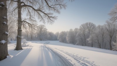 outdoors,sky,day,tree,blue sky,no humans,nature,scenery,snow,forest,mountain,road,winter,bare tree,landscape,footprints,pine tree,monochrome,sunlight,sand