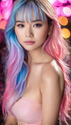 1girl,solo,long hair,breasts,looking at viewer,smile,bangs,dress,cleavage,bare shoulders,brown eyes,jewelry,medium breasts,closed mouth,blue hair,upper body,pink hair,multicolored hair,earrings,artist name,blurry,black eyes,two-tone hair,lips,eyelashes,strapless,gradient hair,makeup,depth of field,blurry background,watermark,strapless dress,web address,realistic,nose,collarbone,piercing,bokeh