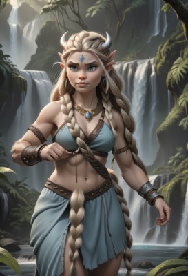 1girl,solo,long hair,breasts,looking at viewer,blue eyes,skirt,blonde hair,navel,cleavage,bare shoulders,jewelry,medium breasts,very long hair,standing,braid,cowboy shot,earrings,outdoors,horns,pointy ears,midriff,artist name,water,necklace,stomach,twin braids,bracelet,tree,lips,blue skirt,single braid,muscular,watermark,facial mark,abs,thick eyebrows,elf,nature,web address,armlet,wading,pendant,toned,hoop earrings,forehead mark,realistic,nose,bracer,facepaint,long braid,waterfall,mole,forehead,freckles,muscular female,cow horns,hair pulled back,linea alba