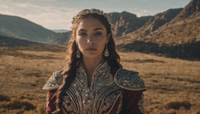 1girl,solo,long hair,looking at viewer,brown hair,black hair,brown eyes,jewelry,closed mouth,upper body,earrings,outdoors,sky,day,cloud,armor,blurry,lips,depth of field,blurry background,shoulder armor,scenery,pauldrons,mountain,realistic,mountainous horizon,desert,pointy ears,sunlight,portrait,backlighting