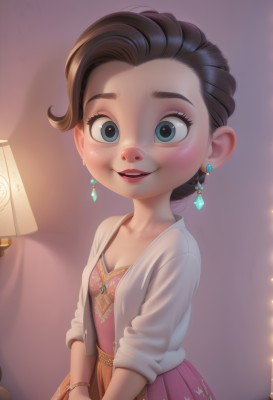 1girl,solo,breasts,looking at viewer,blush,smile,short hair,open mouth,blue eyes,brown hair,dress,cleavage,jewelry,collarbone,jacket,earrings,small breasts,parted lips,teeth,indoors,bracelet,lips,eyelashes,makeup,child,pink dress,forehead,freckles,v arms,red lips,female child,lamp,skirt,black hair,upper body,braid,open clothes,pink skirt