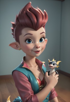 1girl,solo,breasts,looking at viewer,blush,smile,short hair,blue eyes,brown hair,shirt,holding,cleavage,jewelry,collarbone,tail,upper body,red hair,earrings,small breasts,pointy ears,indoors,vest,lips,eyelashes,makeup,animal,lipstick,spiked hair,freckles,red lips,holding animal,medium breasts,wings,zipper,dragon