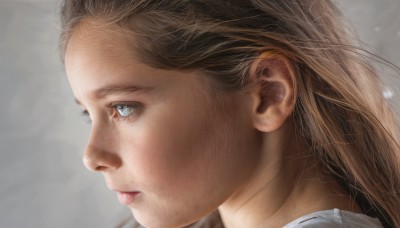 1girl,solo,long hair,blue eyes,brown hair,closed mouth,grey background,from side,lips,grey eyes,eyelashes,profile,looking away,portrait,close-up,realistic,nose,blonde hair,looking afar