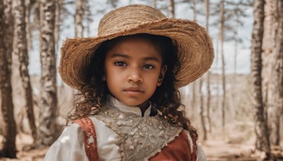 1girl,solo,long hair,looking at viewer,brown hair,shirt,black hair,hat,dress,closed mouth,white shirt,upper body,outdoors,day,dark skin,blurry,black eyes,dark-skinned female,tree,lips,depth of field,blurry background,wavy hair,nature,forest,curly hair,realistic,straw hat,brown eyes,portrait,sun hat