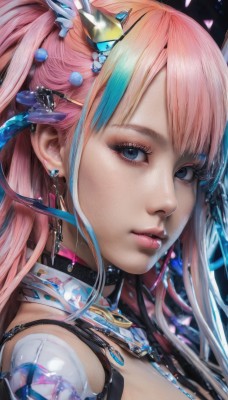 1girl,solo,long hair,looking at viewer,bangs,blue eyes,hair ornament,jewelry,blue hair,ponytail,pink hair,multicolored hair,earrings,parted lips,choker,hairclip,lips,streaked hair,eyelashes,makeup,piercing,crown,portrait,close-up,eyeshadow,nose,mascara,blonde hair,from side,realistic