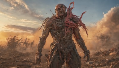 solo,1boy,standing,weapon,male focus,outdoors,sky,cloud,armor,no humans,helmet,cloudy sky,smoke,science fiction,monster,damaged,alien,dust,signature,tree,blue sky,skull,realistic,skeleton,zombie,bone,death,desert,corpse