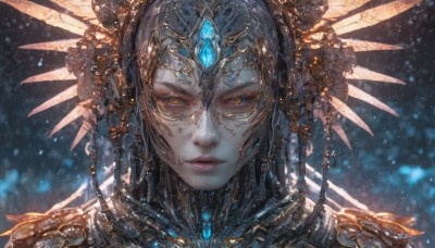 1girl,solo,long hair,looking at viewer,black hair,hair ornament,jewelry,closed mouth,yellow eyes,artist name,armor,blurry,lips,orange eyes,eyelashes,makeup,blurry background,headgear,expressionless,helmet,feathers,gem,portrait,snowing,headpiece,straight-on,gold,glowing,light particles,close-up,gold trim,realistic,headdress