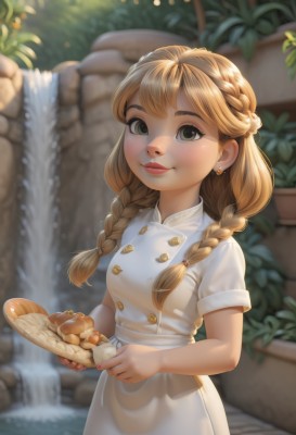 1girl,solo,long hair,breasts,looking at viewer,blush,smile,bangs,blonde hair,dress,holding,jewelry,closed mouth,green eyes,standing,braid,short sleeves,earrings,small breasts,outdoors,food,day,artist name,water,nail polish,white dress,blurry,apron,twin braids,lips,buttons,depth of field,blurry background,piercing,holding food,plant,hair over shoulder,red nails,pink nails,freckles,basket,double-breasted,stud earrings,bread,chef,brown hair,twintails,plate,tray,crown braid,holding plate,waterfall,pie