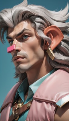 solo,long hair,looking at viewer,blue eyes,simple background,shirt,1boy,jewelry,closed mouth,upper body,white hair,grey hair,male focus,earrings,collared shirt,artist name,vest,lips,facial hair,watermark,blue background,thick eyebrows,blue shirt,portrait,beard,realistic,nose,mustache,manly,brown hair,jacket,multicolored hair,two-tone hair,sunglasses