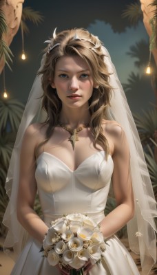 1girl,solo,long hair,breasts,looking at viewer,blue eyes,blonde hair,large breasts,brown hair,hair ornament,dress,holding,cleavage,bare shoulders,jewelry,medium breasts,flower,earrings,necklace,white dress,blurry,tree,lips,see-through,strapless,watermark,tiara,white flower,veil,strapless dress,web address,bouquet,wedding dress,realistic,nose,bridal veil,holding bouquet,bride,collarbone,outdoors,parted lips,rose,wavy hair