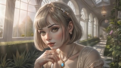 1girl,solo,looking at viewer,short hair,bangs,blonde hair,brown hair,hair ornament,dress,brown eyes,jewelry,collarbone,upper body,flower,short sleeves,hairband,earrings,parted lips,day,indoors,hand up,necklace,lips,see-through,eyelashes,window,makeup,sunlight,bob cut,ring,light brown hair,plant,lipstick,gem,portrait,pendant,light rays,realistic,nose,red lips,potted plant,mascara,blush,sunbeam