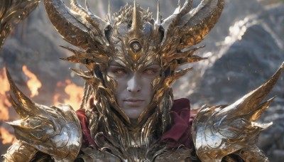 1girl,solo,looking at viewer,red eyes,1boy,closed mouth,upper body,male focus,outdoors,horns,sky,armor,blurry,lips,depth of field,blurry background,glowing,colored skin,helmet,fire,shoulder armor,portrait,glowing eyes,dragon horns,pauldrons,scales,grey skin,straight-on,au ra,smile,orange eyes,eyelashes,crown,close-up,androgynous,realistic