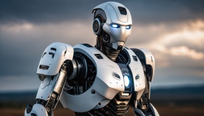 solo,blue eyes,upper body,outdoors,sky,cloud,blurry,no humans,blurry background,glowing,cloudy sky,robot,mecha,glowing eyes,science fiction,humanoid robot,looking to the side,joints,looking ahead,robot joints