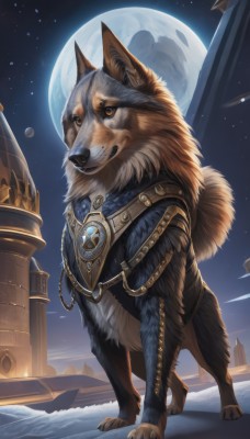 solo,smile,jewelry,standing,full body,yellow eyes,outdoors,sky,signature,orange eyes,no humans,night,animal,moon,brooch,gem,star (sky),night sky,full moon,starry sky,dog,animal focus,wolf,chain,fangs,realistic