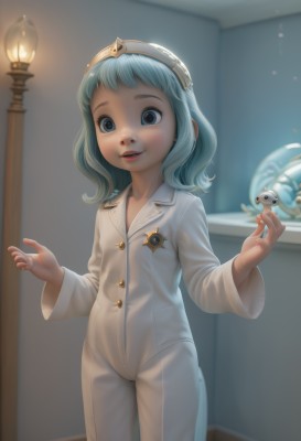 1girl,solo,looking at viewer,smile,short hair,open mouth,blue eyes,blue hair,standing,cowboy shot,teeth,indoors,medium hair,blurry,flat chest,lips,child,pajamas,female child,lamp,long sleeves,parted lips,bodysuit,tiara,freckles,realistic