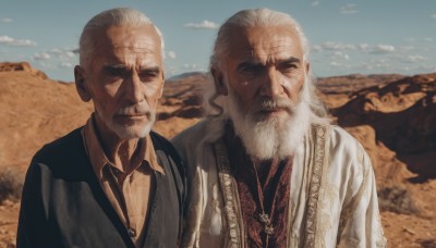 shirt,jewelry,closed mouth,closed eyes,upper body,white hair,grey hair,male focus,outdoors,multiple boys,necktie,sky,day,collared shirt,2boys,necklace,blue sky,facial hair,scar,formal,suit,black necktie,beard,scar on face,robe,mountain,realistic,mustache,bald,manly,old,old man,desert,wrinkled skin,cloud,vest,parody,sand