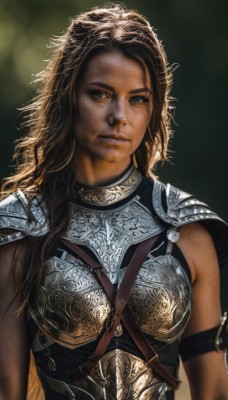 1girl,solo,long hair,looking at viewer,brown hair,brown eyes,closed mouth,upper body,dark skin,armor,blurry,dark-skinned female,lips,blurry background,shoulder armor,pauldrons,breastplate,realistic,gorget,chainmail,boobplate,parted lips