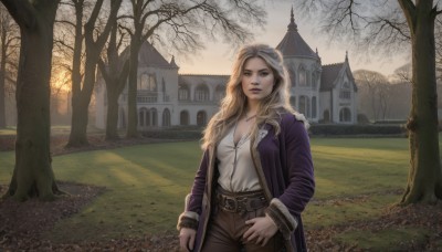 1girl,solo,long hair,breasts,looking at viewer,blonde hair,shirt,long sleeves,cleavage,brown eyes,jewelry,medium breasts,standing,jacket,white shirt,cowboy shot,outdoors,parted lips,open clothes,sky,day,belt,pants,necklace,tree,lips,coat,fur trim,grass,building,buckle,open coat,brown belt,brown pants,bare tree,castle,purple coat,makeup,wavy hair,nature,scenery,forest,realistic,road,path