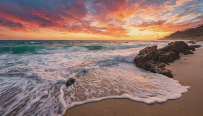 outdoors, sky, cloud, water, dutch angle, no humans, ocean, beach, cloudy sky, scenery, sunset, rock, sand, horizon, waves, shore, orange sky