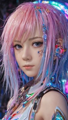 1girl,solo,breasts,looking at viewer,short hair,bangs,blue eyes,hair ornament,bare shoulders,jewelry,closed mouth,blue hair,upper body,pink hair,multicolored hair,earrings,necklace,blurry,black eyes,lips,grey eyes,eyelashes,makeup,blurry background,piercing,gem,portrait,realistic,nose,long hair,artist name,watermark