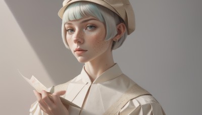 1girl,solo,looking at viewer,short hair,bangs,blue eyes,shirt,hat,holding,jewelry,closed mouth,white shirt,upper body,white hair,grey hair,earrings,collared shirt,blunt bangs,mole,lips,grey eyes,freckles,paper,realistic,nose,pen,stud earrings,pencil,mole on neck,simple background,portrait,brown background