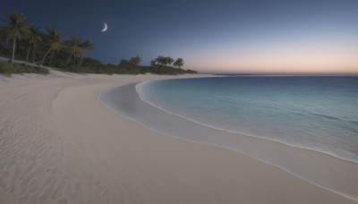 outdoors,sky,water,tree,no humans,night,ocean,beach,moon,star (sky),night sky,scenery,sand,palm tree,horizon,crescent moon,shore,cloud,signature,blue sky,plant,nature,sunset,sun,waves