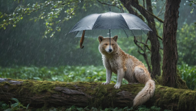 outdoors, blurry, tree, no humans, animal, umbrella, nature, rain, dog, realistic, animal focus