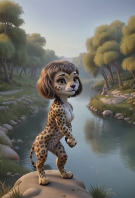 1girl,solo,breasts,smile,short hair,brown hair,brown eyes,closed mouth,standing,tail,full body,yellow eyes,nude,small breasts,outdoors,sky,day,artist name,water,tree,grass,bug,monster girl,butterfly,child,nature,furry,forest,reflection,rock,furry female,river,lake,pond,looking at viewer