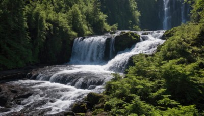 outdoors,day,water,tree,no humans,nature,scenery,forest,rock,river,waterfall,landscape,moss,artist name,signature,sunlight,stream