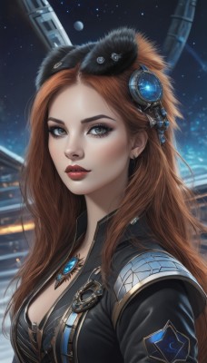 1girl,solo,long hair,breasts,looking at viewer,blue eyes,brown hair,hair ornament,cleavage,brown eyes,jewelry,medium breasts,upper body,earrings,sky,artist name,necklace,mole,lips,black jacket,grey eyes,eyelashes,makeup,night,lipstick,gem,star (sky),night sky,eyeshadow,starry sky,freckles,mole on breast,realistic,nose,red lips,hat,green eyes,jacket,headgear,science fiction,space,planet,mascara