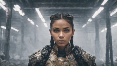 1girl,solo,long hair,looking at viewer,black hair,jewelry,closed mouth,upper body,braid,earrings,dark skin,armor,blurry,black eyes,twin braids,dark-skinned female,lips,dutch angle,blurry background,shoulder armor,science fiction,realistic,brown eyes,portrait,forehead,pauldrons