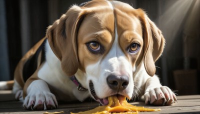 HQ,brown eyes,tongue,indoors,tongue out,blurry,collar,no humans,animal,claws,dog,realistic,animal focus,honey,solo,looking at viewer,open mouth,signature,saliva,blurry background,table,sunlight,light rays,animal collar,pet bowl,pet