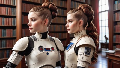 long hair,blue eyes,multiple girls,brown hair,2girls,brown eyes,upper body,indoors,hair bun,armor,blurry,from side,lips,book,window,profile,single hair bun,shoulder armor,reflection,science fiction,curly hair,breastplate,realistic,bookshelf,library,jewelry,earrings,sunlight,shoulder pads