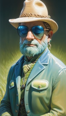 solo,looking at viewer,shirt,1boy,hat,jewelry,closed mouth,jacket,upper body,white hair,male focus,earrings,necktie,glasses,striped,vest,buttons,facial hair,formal,sunglasses,grass,beard,green jacket,realistic,hands in pockets,round eyewear,mustache,brown headwear,old,old man,brown hair,long sleeves,standing,braid,open clothes,artist name,signature,open jacket,lips,ascot,suit,blue jacket,pocket,monocle